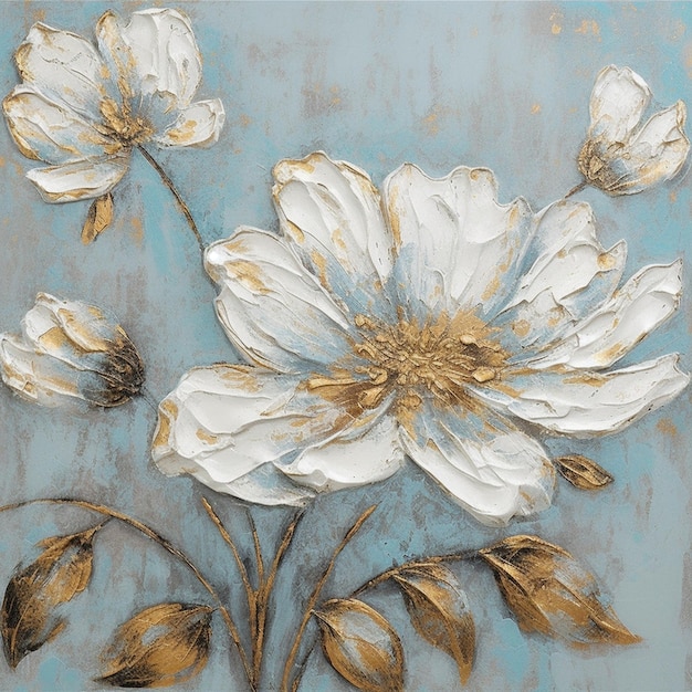 A painting of flowers on a blue background