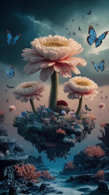 Photo a painting of flowers and butterflies on a cloudy sky background