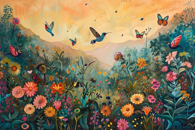 a painting of flowers and butterflies with a bird flying in the sky