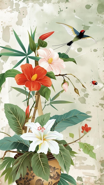 a painting of flowers and butterflies with a lady bug on the top