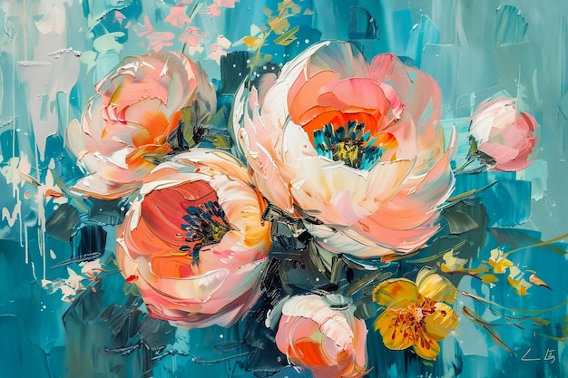 a painting of flowers by peony and animal