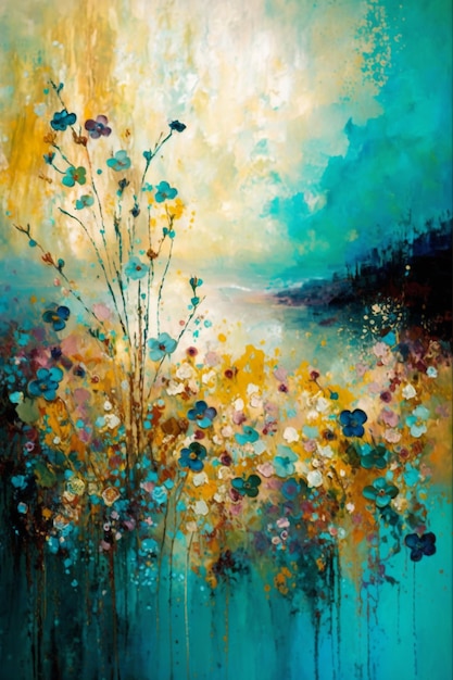 A painting of flowers by the sea