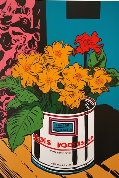 A painting of flowers in a can that says'le's kitchen'on it