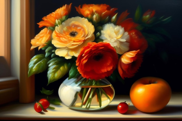 A painting of flowers and a candle with a candle on it