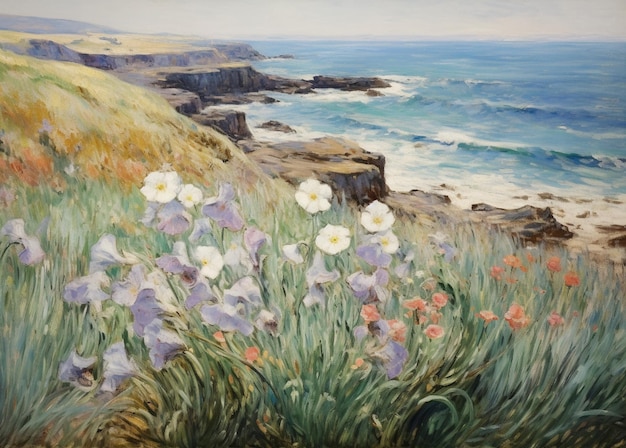 painting of flowers on a cliff overlooking the ocean generative ai