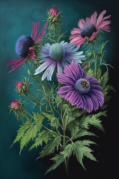 A painting of flowers on a dark background