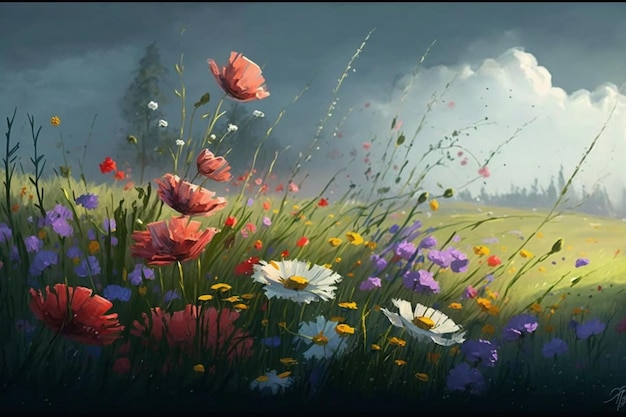 A painting of flowers in a field with a cloudy sky in the background.