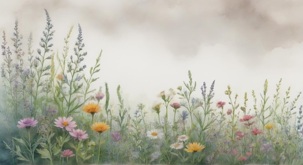 a painting of flowers in a field with a cloudy sky in the background