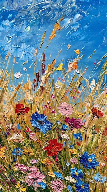 a painting of flowers in a field with a mountain in the background