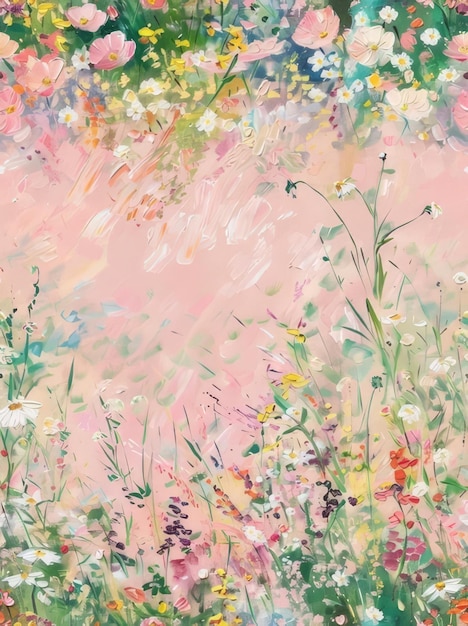 Photo a painting of flowers in a field with a pink background