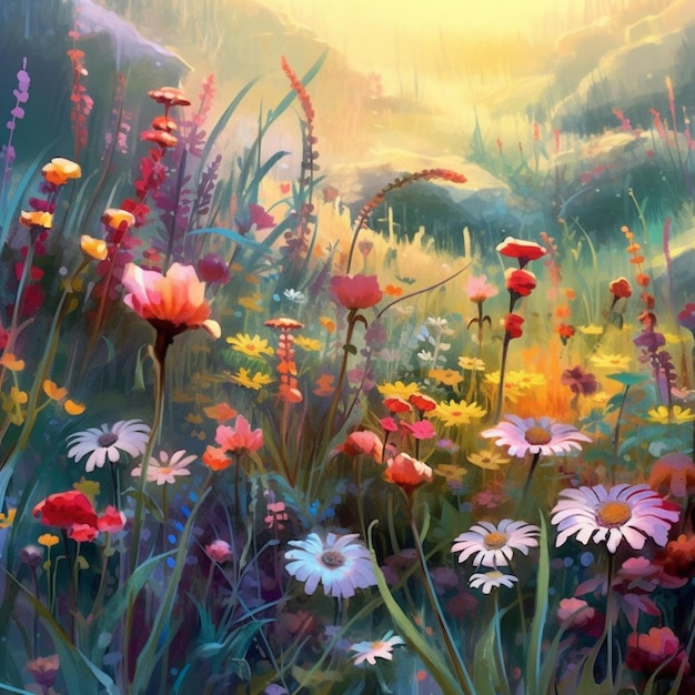 A painting of flowers in a field with a sunburst in the background.