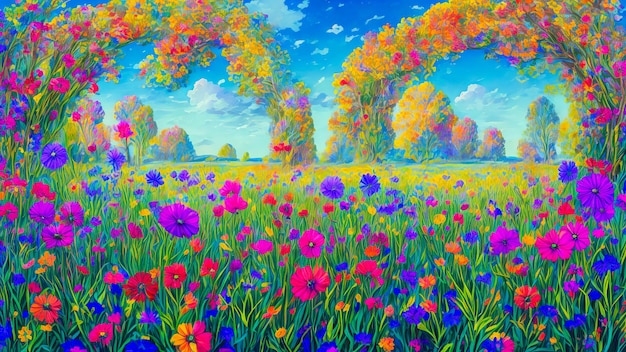 a painting of flowers in a field with trees in the background