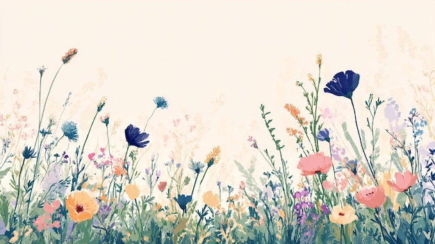 a painting of flowers in a field with a watercolor background