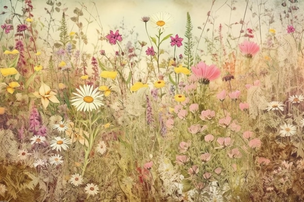 A painting of flowers in a field with the word " wild " on the bottom.