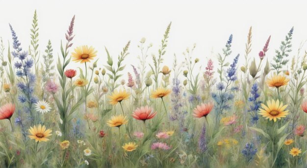 a painting of flowers in a field with a yellow background