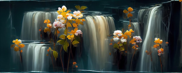 A painting of flowers in front of a waterfall generative AI