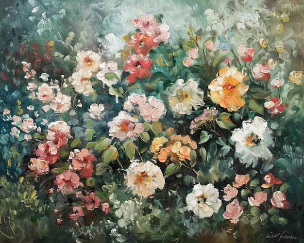 a painting of flowers in a garden with a green background