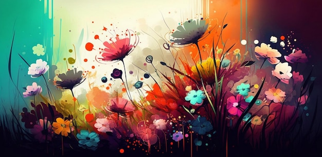 A painting of flowers in a garden with the word love on it.