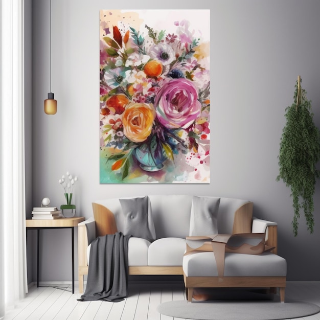 A painting of flowers hangs on a wall in a living room.