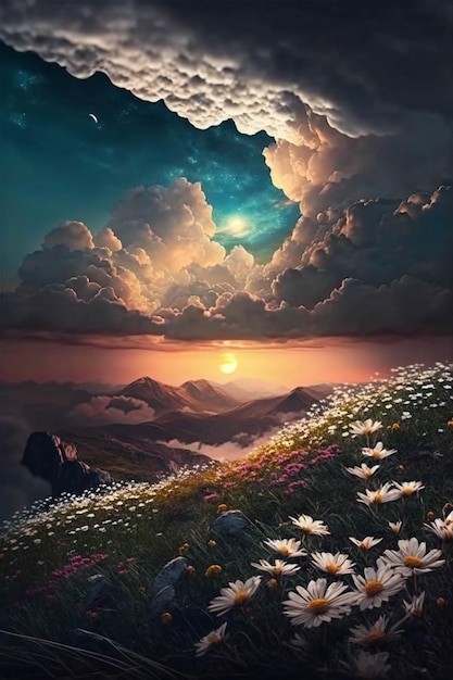 Painting of flowers on a hill under a cloudy sky generative ai