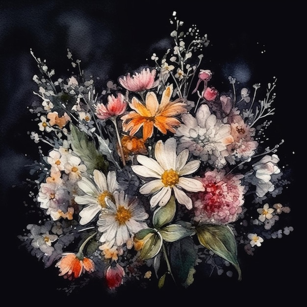 A painting of flowers is on a black background.