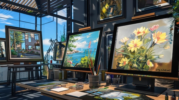 Photo a painting of flowers is on a desk with a picture of a lake and a picture of a flower