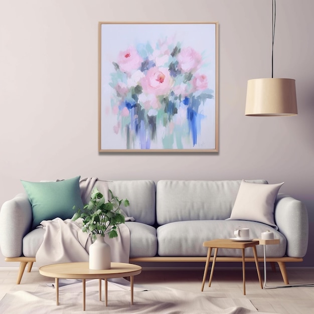 A painting of flowers is hanging on a wall in a living room.