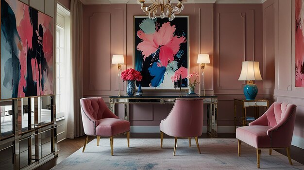 Photo a painting of flowers is hanging on a wall above a table