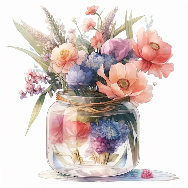 A painting of flowers in a jar that says " spring ".