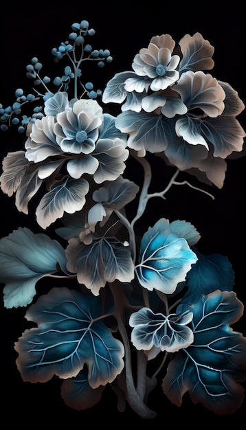 Painting of flowers and leaves on a black background generative ai