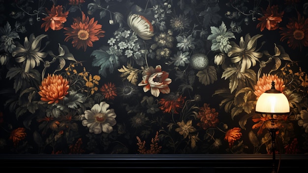 a painting of flowers and leaves with a black background