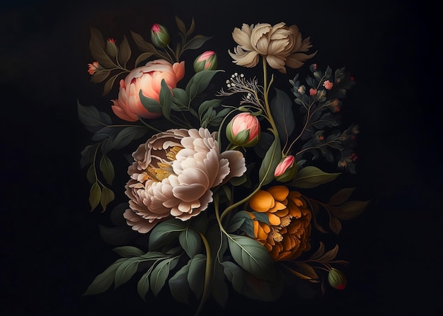 A painting of flowers and leaves with a black background.