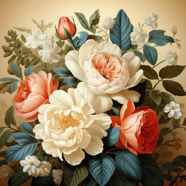 a painting of flowers and leaves with a picture of flowers