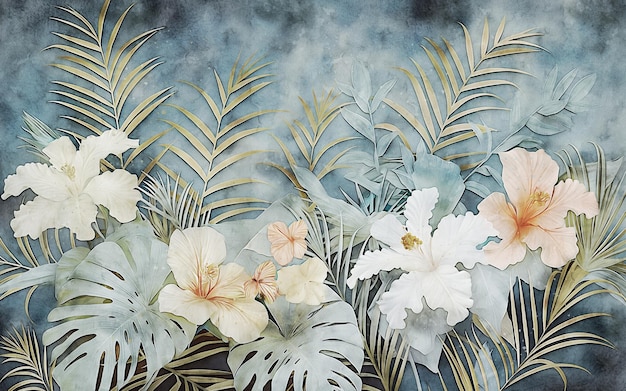 a painting of flowers and leaves with the title  hibiscus