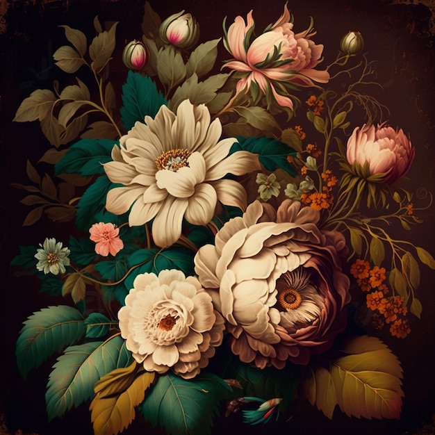 A painting of flowers and leaves with the word " peony " on it.