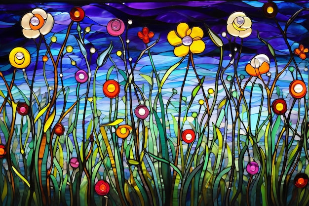 Painting of flowers in the meadow on the background of the night sky