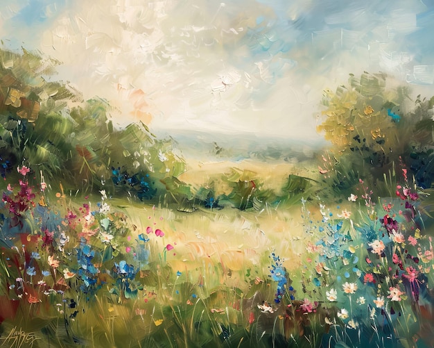 a painting of flowers in a meadow with a view of the horizon