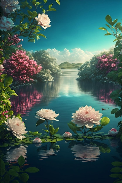 Painting of flowers in the middle of a lake generative ai