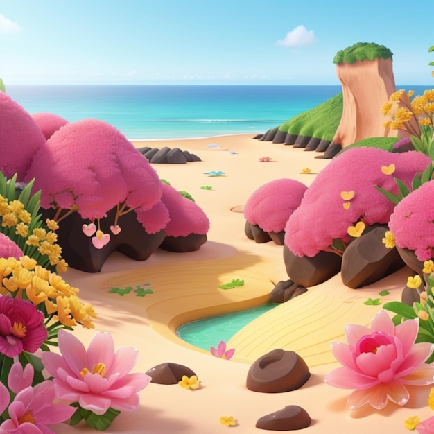 a painting of flowers and plants on a beach