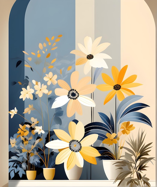 a painting of flowers and plants with a blue background