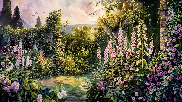 a painting of flowers and plants with a bridge in the background