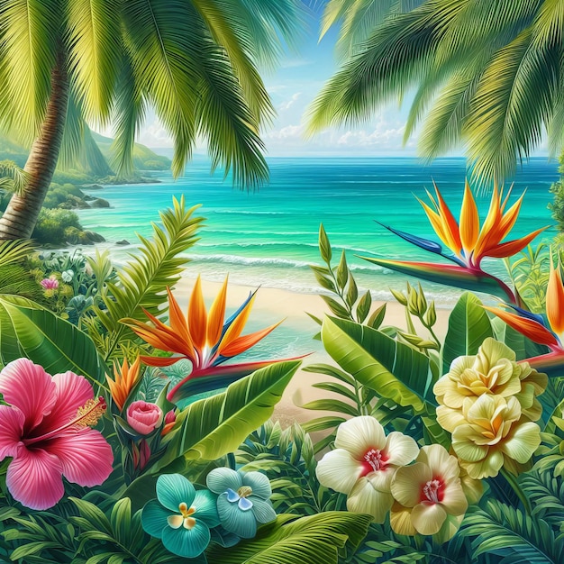 a painting of flowers and plants with the ocean in the background