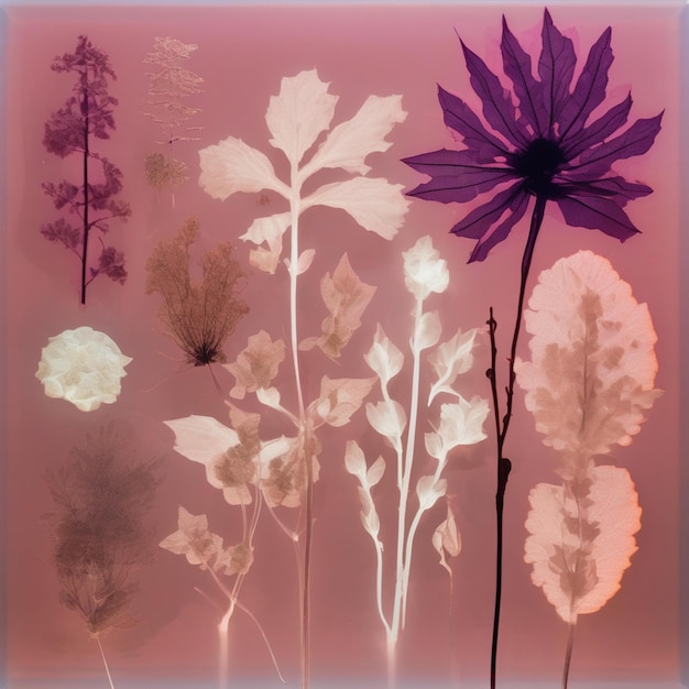 a painting of flowers and plants with purple flowers