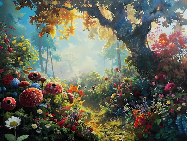 a painting of flowers and plants with a tree in the background