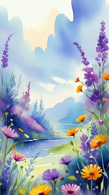 a painting of flowers and the river with the sun in the sky