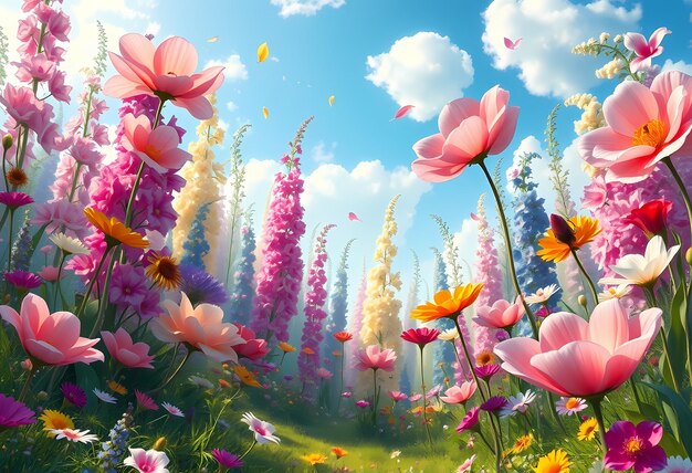 a painting of flowers and the sky with clouds in the background