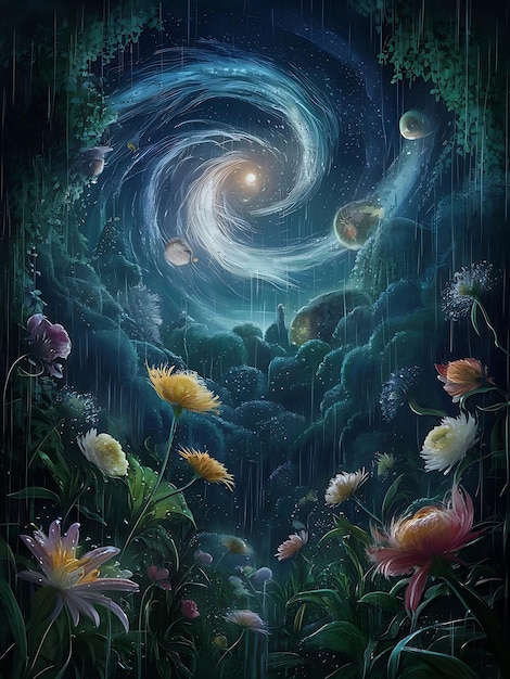 a painting of flowers and a spiral in the sky