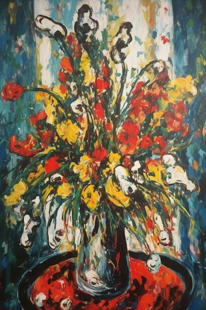 A painting of flowers on a table with a vase of flowers on it.