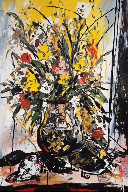 A painting of flowers on a table with a vase on the table.