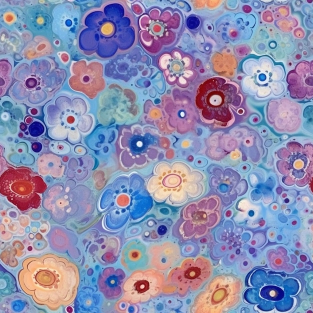 A painting of flowers that are blue and purple